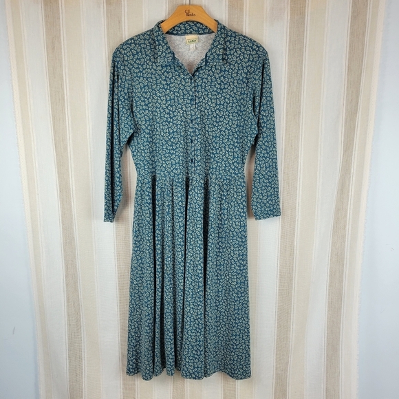 Vintage L.L. Bean Floral Midi Dress Long‎ Sleeves Blue Green Size Extra Large XL - Picture 1 of 13